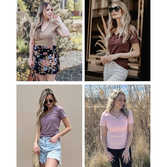 Women's Summer V Neck Ribbed Knit Short Sleeve Blouse Casual Top - Picture 6 of 8